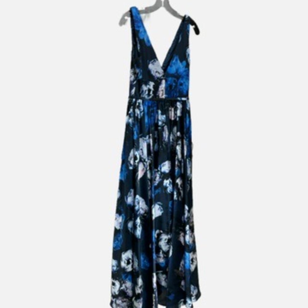 Theia Couture Blue and White Printed Satin Long Evening Gown Size 2